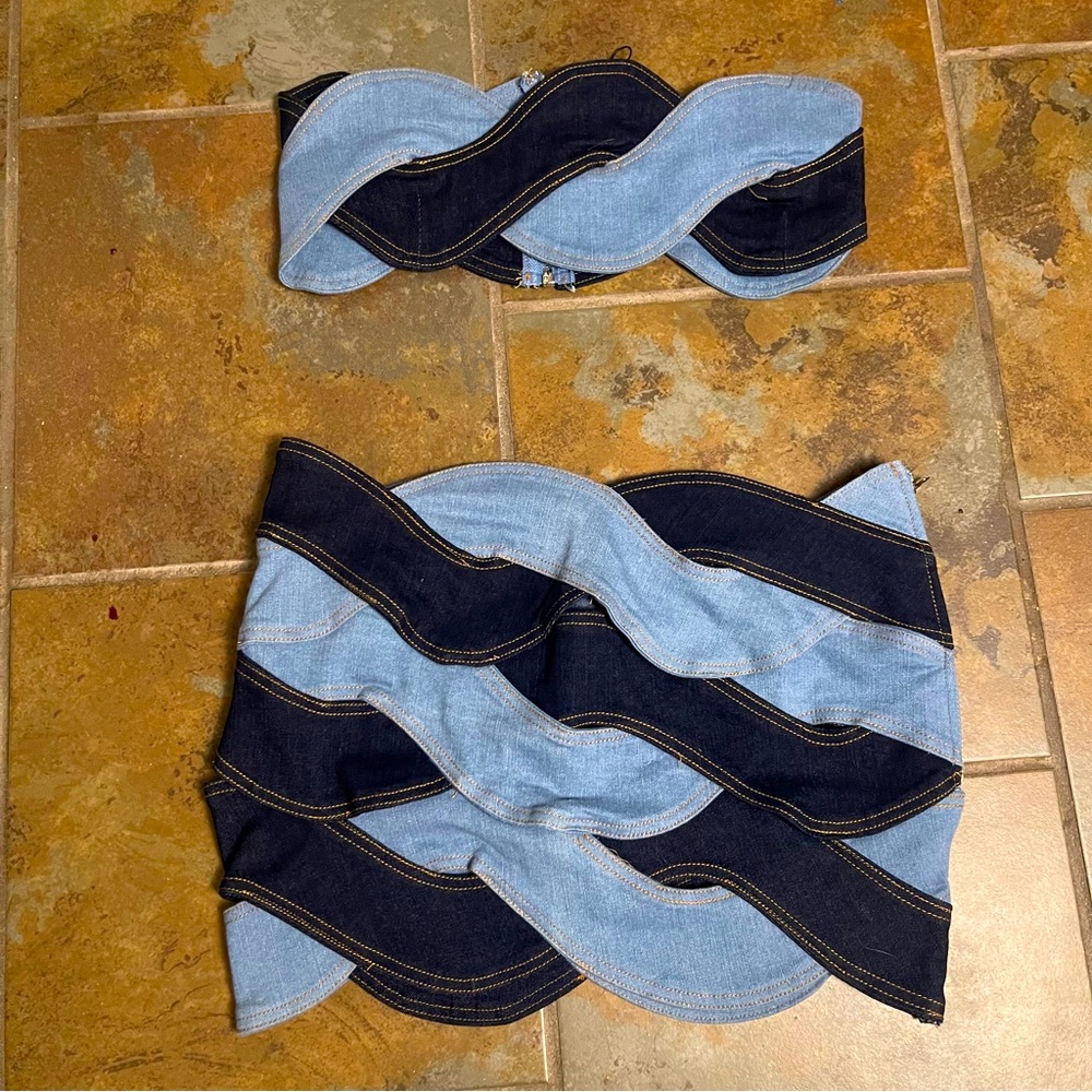 Fashion Nova Light Blue & Dark Blue Wave Denim Skirt Set - Picture 2 of 5